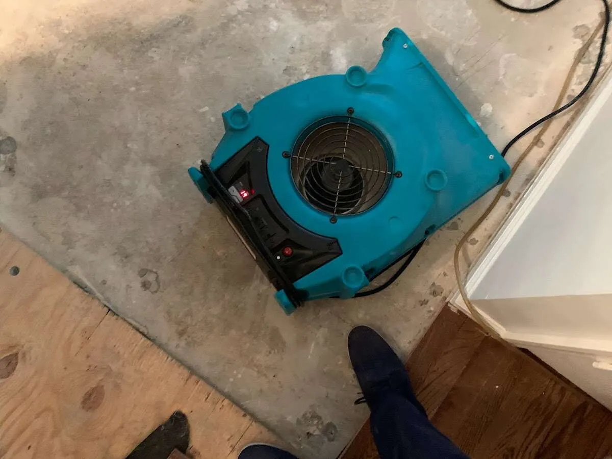 Air mover drying subfloor during Commercial Water Damage Restoration in Thibodaux